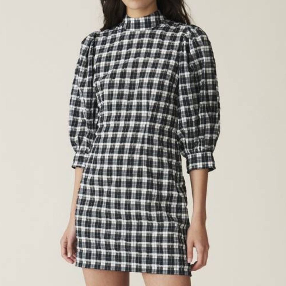Ganni Check Seersucker Balloon Sleeve Minidress